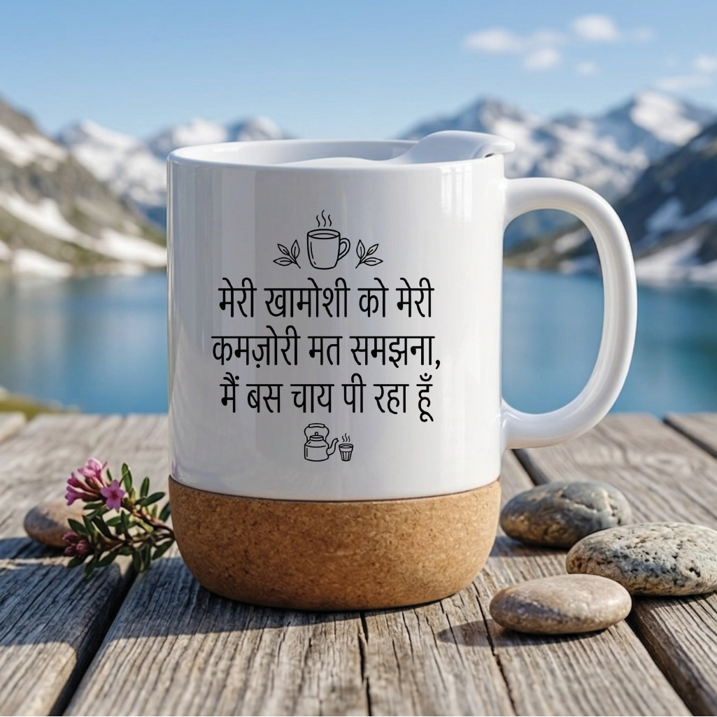 MG1107 "मेरी खामोशी को मेरी कमज़ोरी मत समझना, मैं बस चाय पी रहा हूँ।" (Don't mistake my silence for weakness, I'm just drinking tea.) - Quote Printed Premium Coffee Mugs & Cups (5 Options)