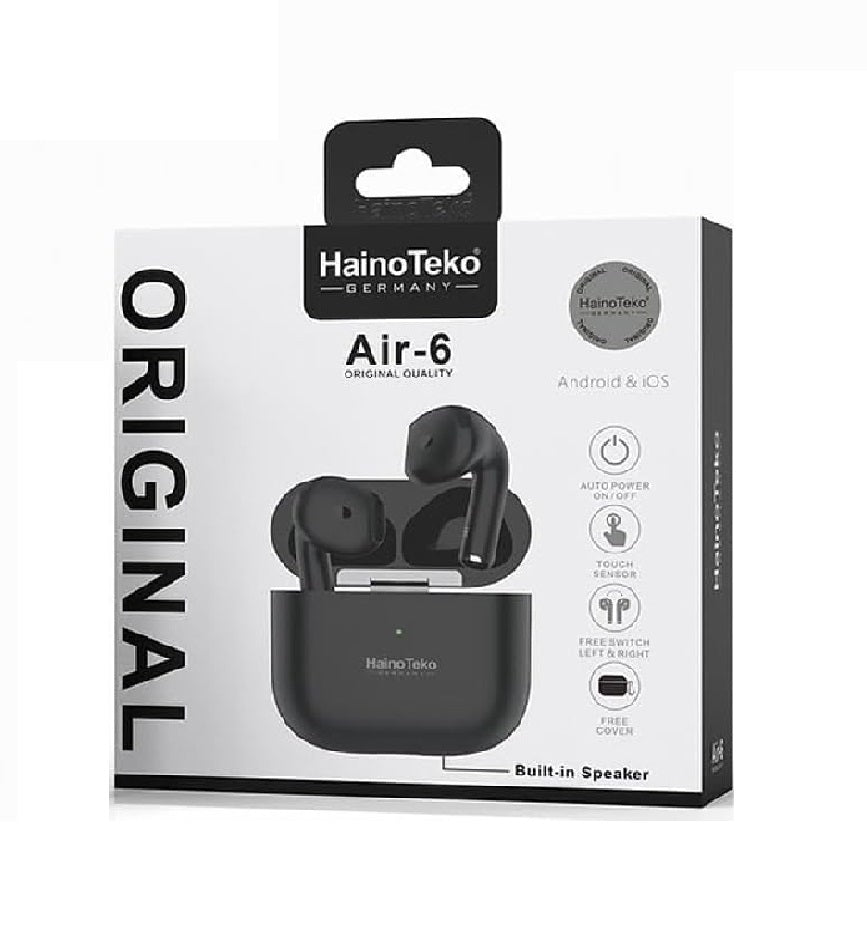 HainoTekoGermany AIR6 True Wireless Stereo Earbuds with Multi Functional Touch Control HD Clear Microphone High Bass Sound Quality and Charging Case for Android mobiles, Tablets and iphones (Black)