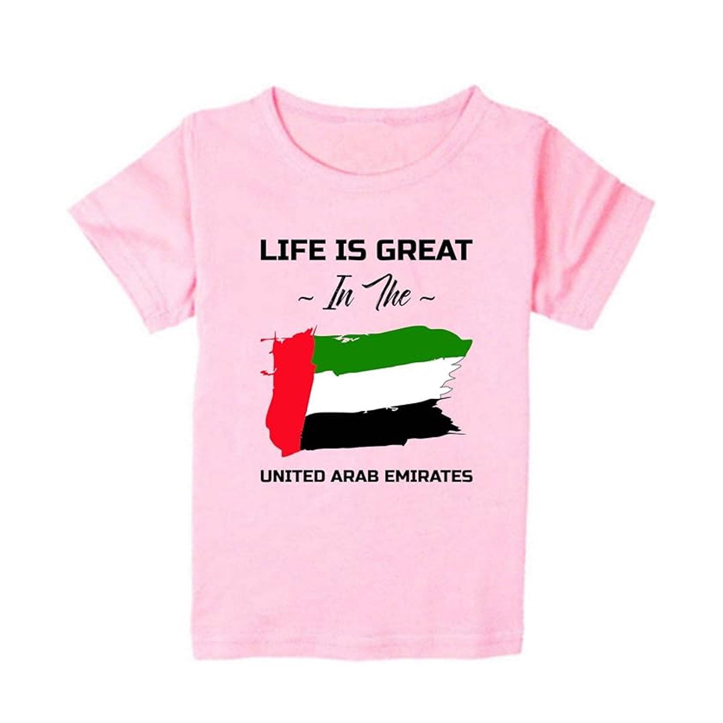 Life Is Great in the United Arab Emirates Flag Graphic 100% Cotton Unisex Pink T-Shirt
