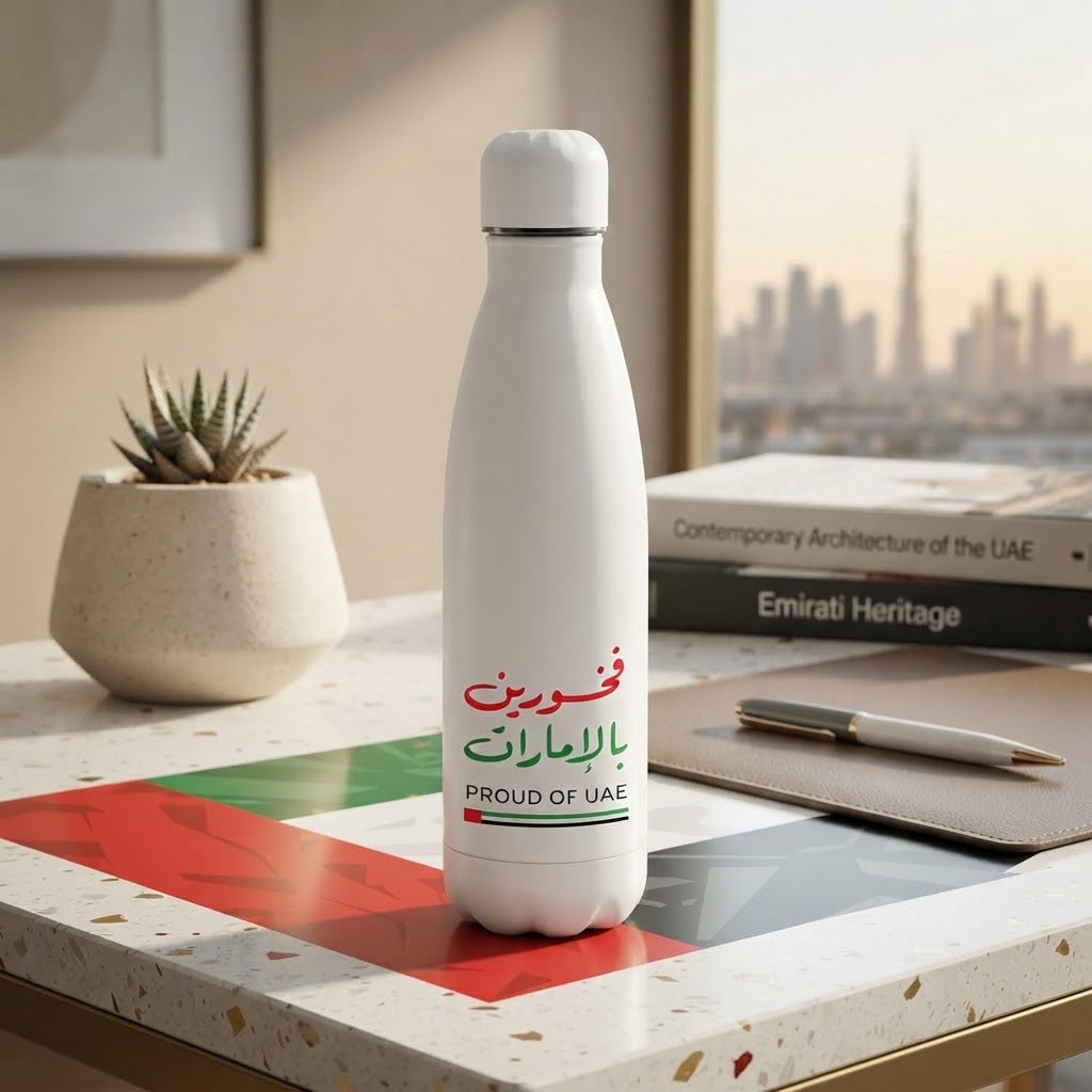 FMstyles - "Proud of UAE" Patriotic Souvenir Gift | Featuring Arabic Calligraphy and UAE Flag | Ideal for National Day, Residents, and Tourists, Water Bottle