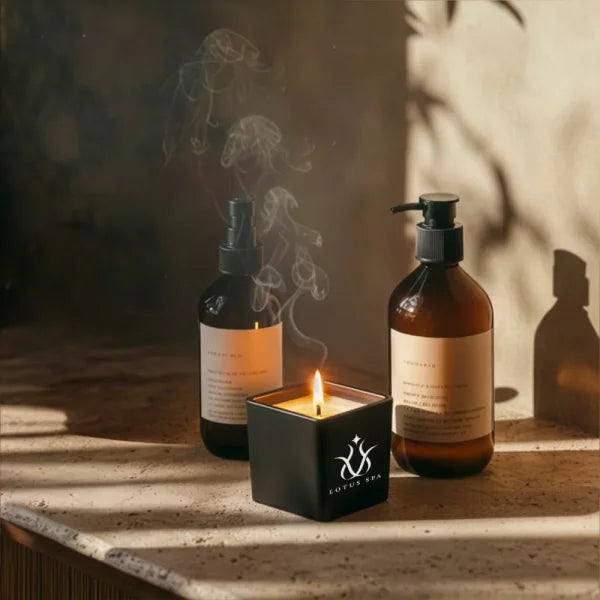 Personalized Scented Candle in Square Glass Bottle, Bamboo Lid, Oakmoss & Amber Scent
