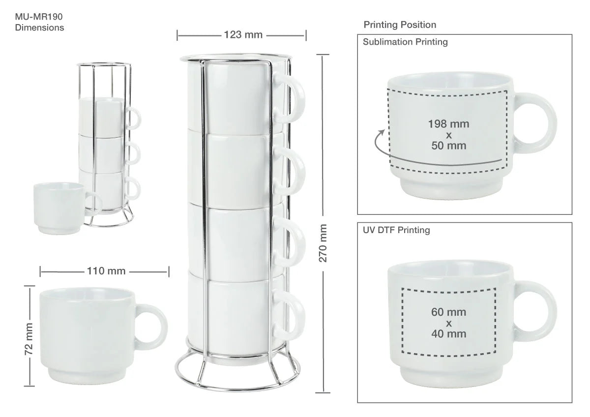 Personalized 4-Piece Ceramic Coffee Cups Set with Silver Metal Rack (295 ml / 10 oz)