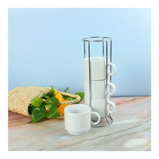 Personalized 4-Piece Ceramic Coffee Cups Set with Silver Metal Rack (295 ml / 10 oz)