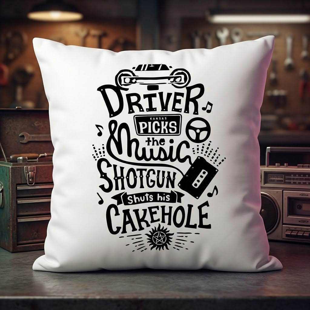 FMstyles DRIVER PICKS THE MUSIC Printed Premium White Polyester Quote Cushion Cover (40 x 40 cm) – Decorative Throw Pillow