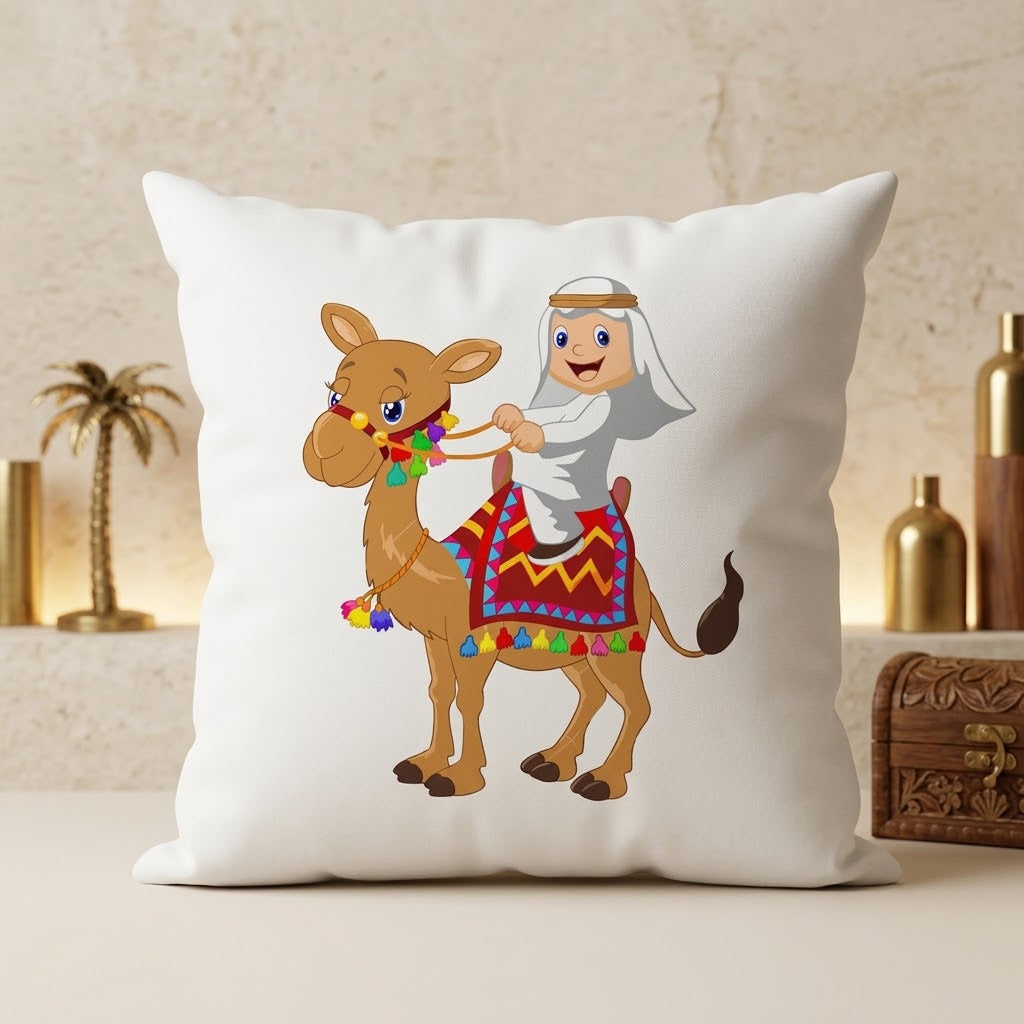 FMstyles Arab Boy Cartoon Riding Camel - Premium White Polyester Quote Cushion Cover (40 x 40 cm) – Decorative Throw Pillow
