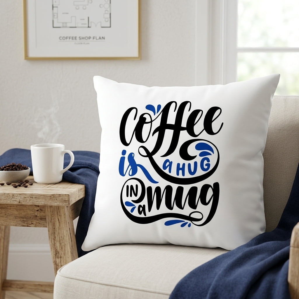 FMstyles Coffee is hug in a mug - Premium White Polyester Quote Cushion Cover (40 x 40 cm) – Decorative Throw Pillow