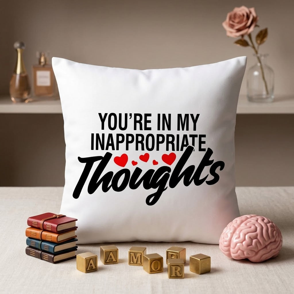 FMstyles - You're in my inappropriate thoughts Printed Premium White Polyester Quote Cushion Cover (40 x 40 cm) – Decorative Throw Pillow