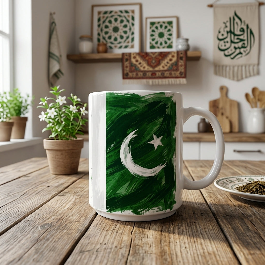 Pakistani Flag 11 oz Ceramic Mug, Artistic Brushstroke Design