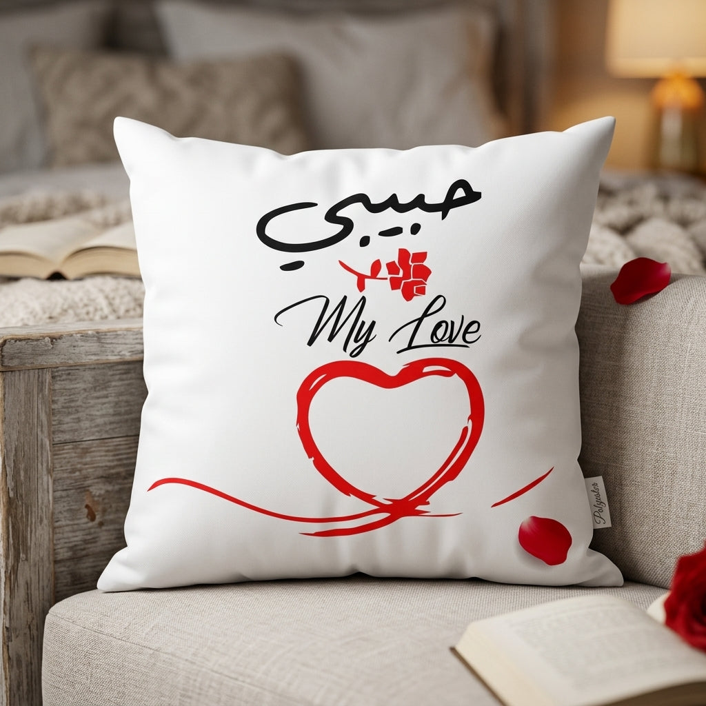 FMstyles - Habibi my Love Arabic Typography Printed White Polyester Cushion (40 x 40 cm)