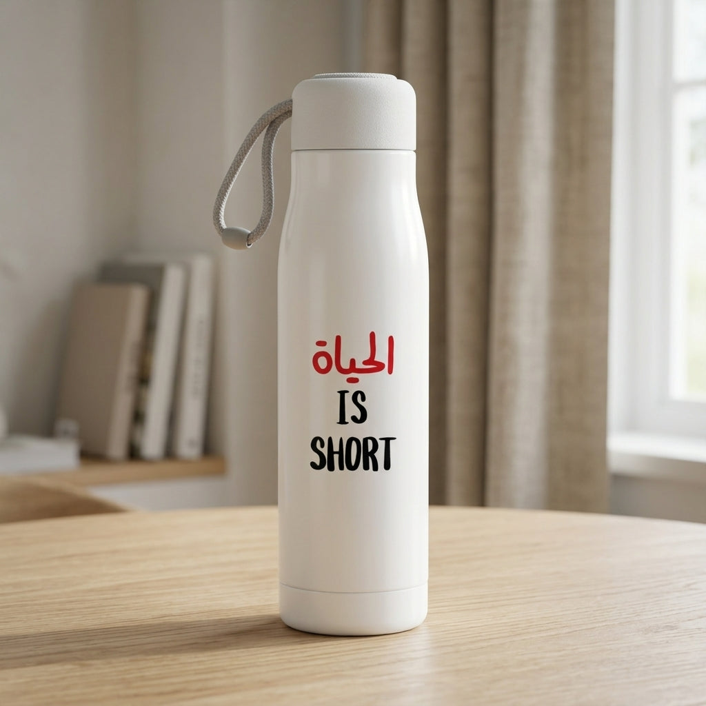 FMstyles - Life is Short Arabic Typography Printed White Bottle