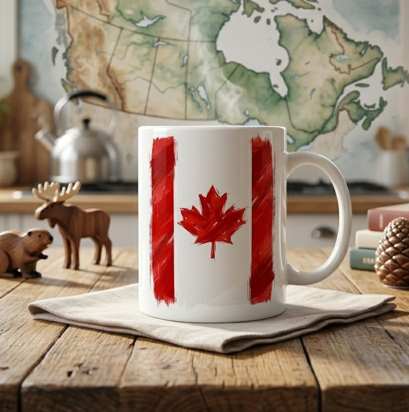 Canadian Flag 11 oz Ceramic Mug, Artistic Brushstroke Maple Leaf Design