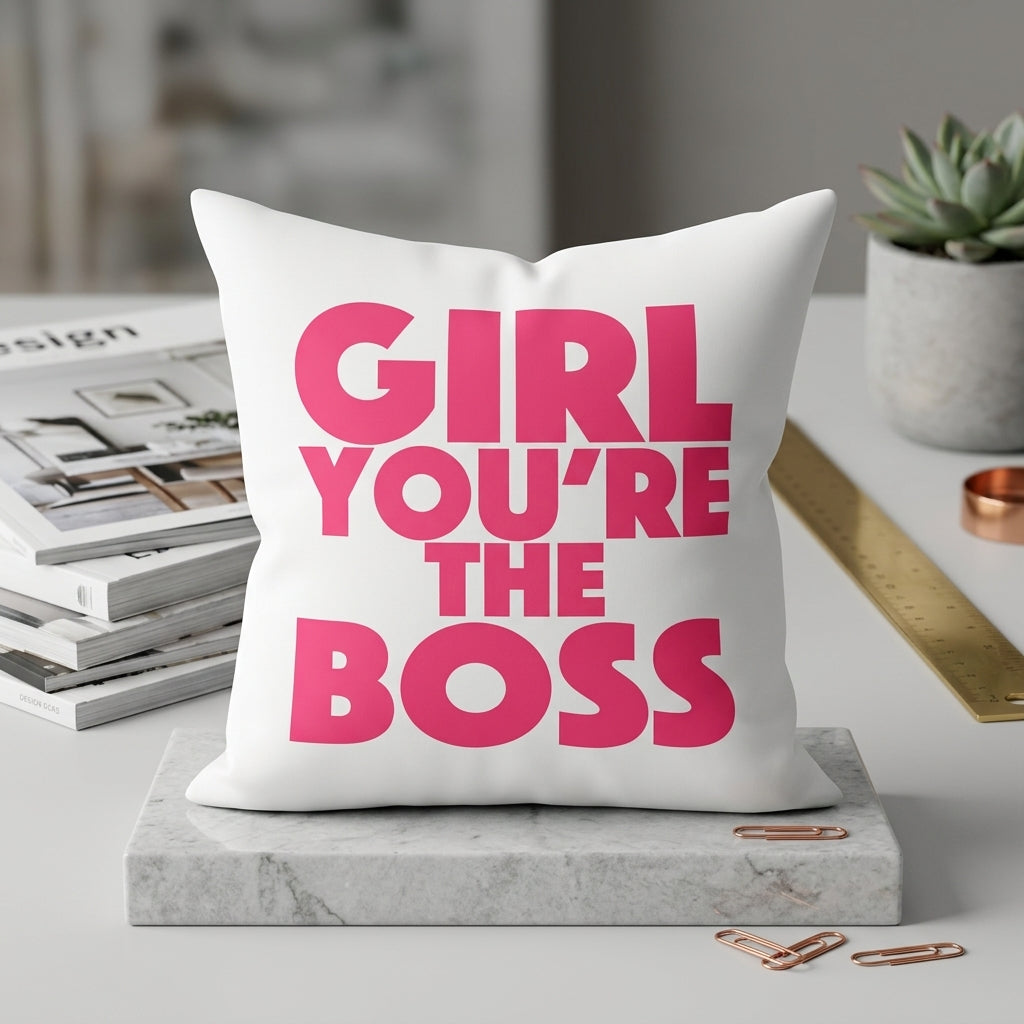 FMstyles - Girl, You are the BOSS Printed Premium White Polyester Quote Cushion Cover (40 x 40 cm) – Decorative Throw Pillow