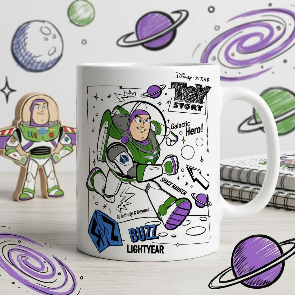Disney Pixar Toy Story Buzz Lightyear Ceramic Coffee Mug – "Space Ranger" Sketch Edition (11 oz)