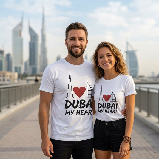 FMstyles Classic White Cotton T-Shirt – "Dubai My Heart" Graphic Unisex Tee