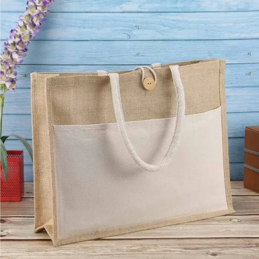 Personalized Jute Bag with Brown Cotton Pocket and Handle (One color Print)