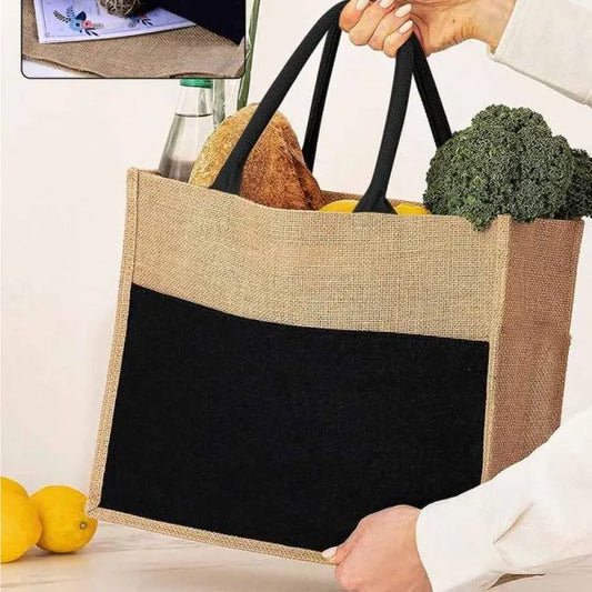 Personalized Jute Bag with Black Cotton Pocket and Handle (One color Print)