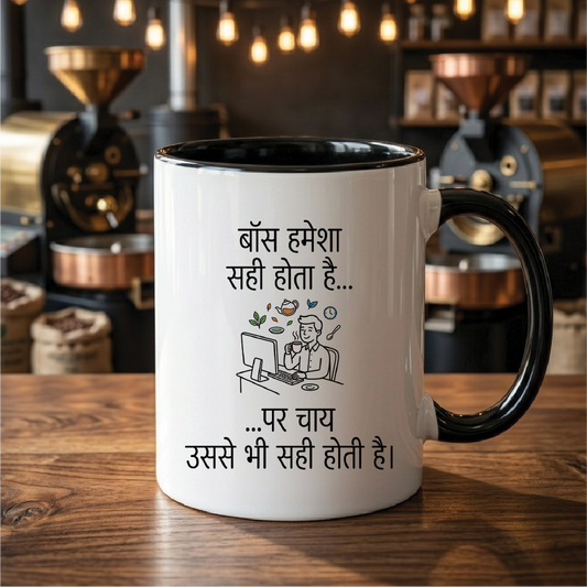 MG1118 "बॉस हमेशा सही होता है... पर चाय उससे भी सही होती है।" (The boss is always right... but tea is even more right.) - Quote Printed Premium Coffee Mugs & Cups (5 Options)