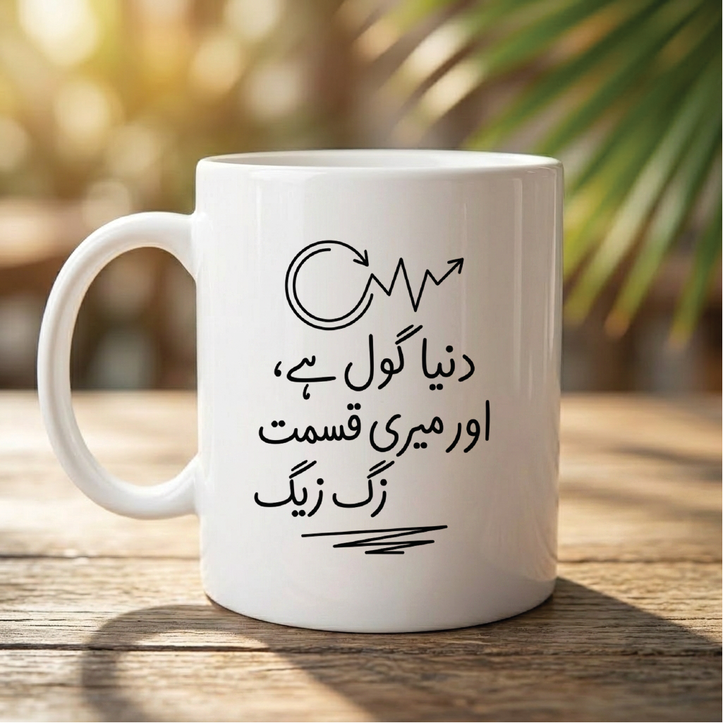 دنیا گول ہے، اور میری قسمت زگ زیگ (The world is round, and my luck is zigzag) - Quote Printed Premium Coffee Mugs & Cups (5 Options) MG1151
