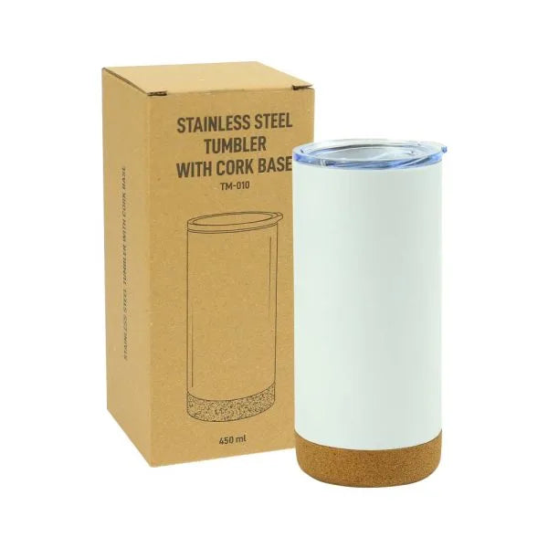 Personalized Travel Tumbler with Cork Base - 450ml Stainless Steel (White)