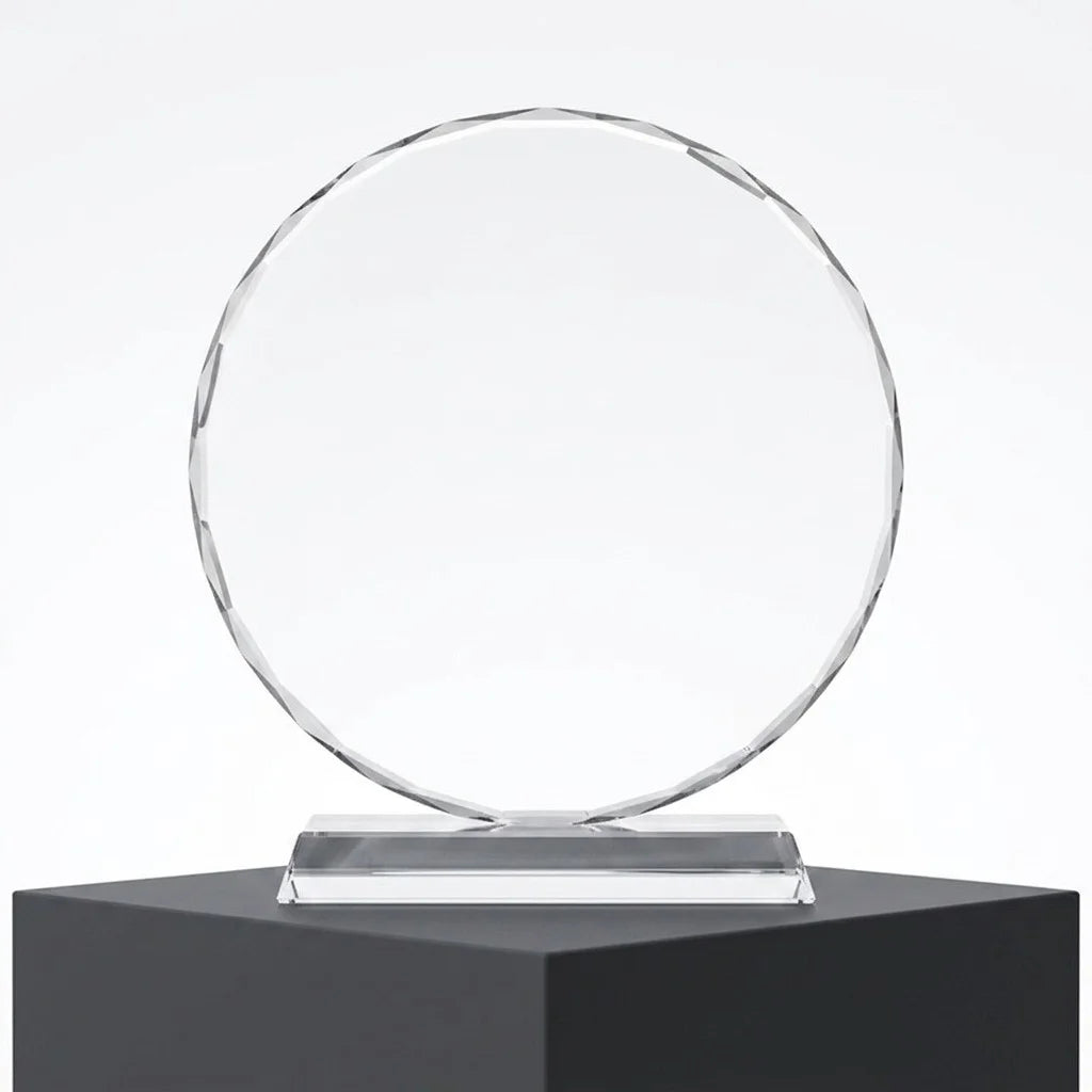 Customized Round Faceted Crystal Award & Photo Frame Plaque with Glass Stand Base