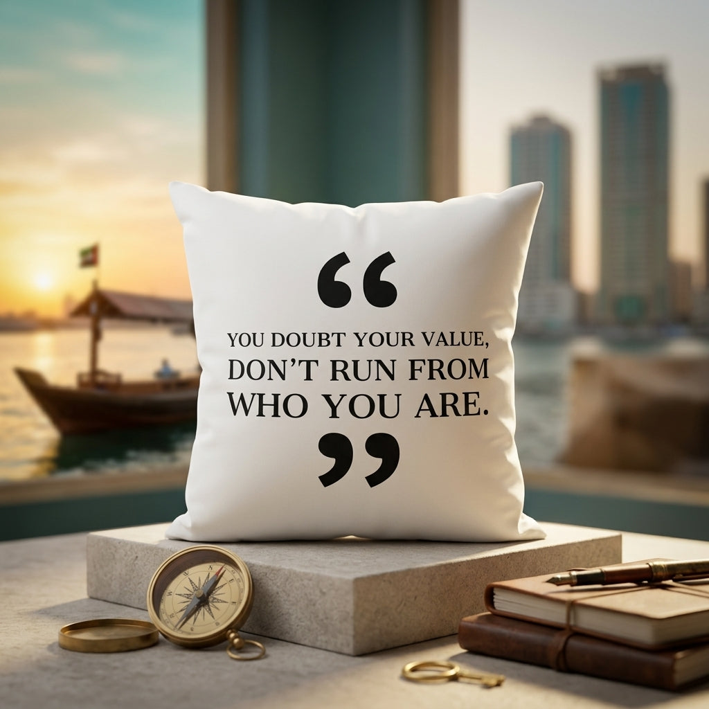 FMstyles - You Doubt Your Value Don't Run From Who You Are Inspirational Quote Printed Premium White Polyester Quote Cushion Cover (40 x 40 cm) – Decorative Throw Pillow