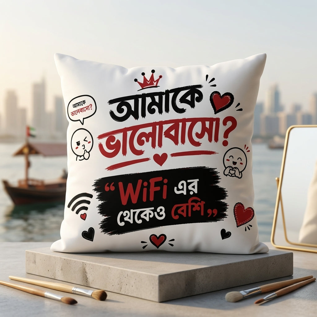 FMstyles - Bangla Romantic and Funny Quote design Printed Premium White Polyester Quote Cushion Cover (40 x 40 cm) – Decorative Throw Pillow