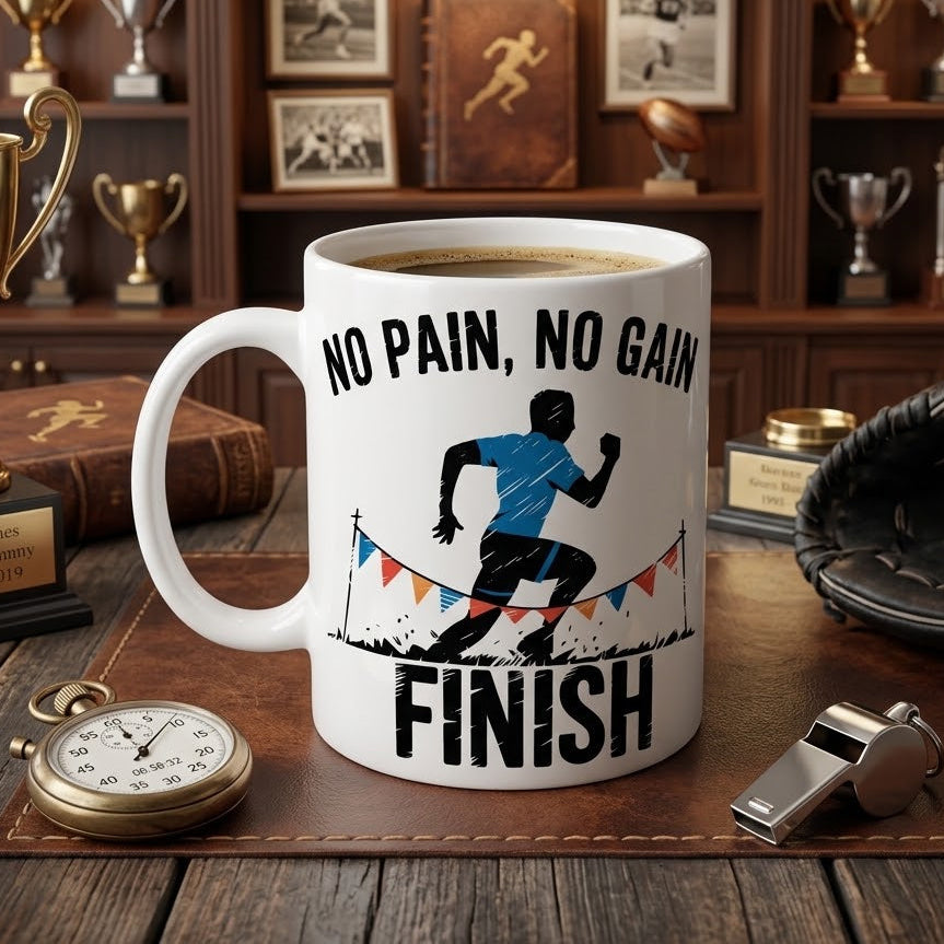 No Pain, No Gain Running Motivational Mug - Ceramic Coffee Cup with Finisher Graphic & 11oz Capacity