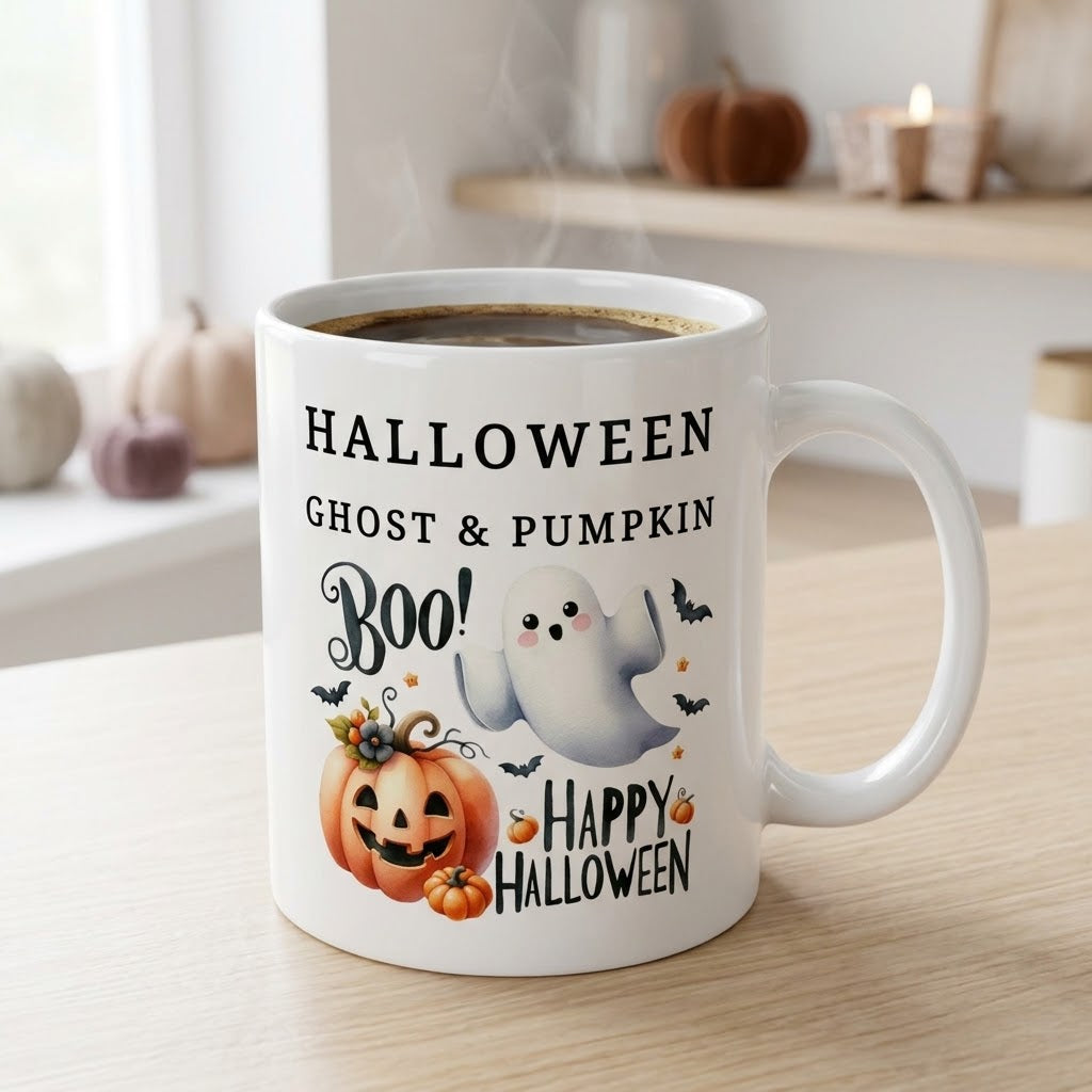 Ghost & Pumpkin Halloween Ceramic White Coffee Mug
