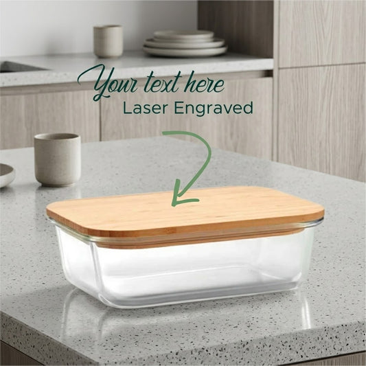 Personalized Elegance: Glass Food Box with Bamboo Lid