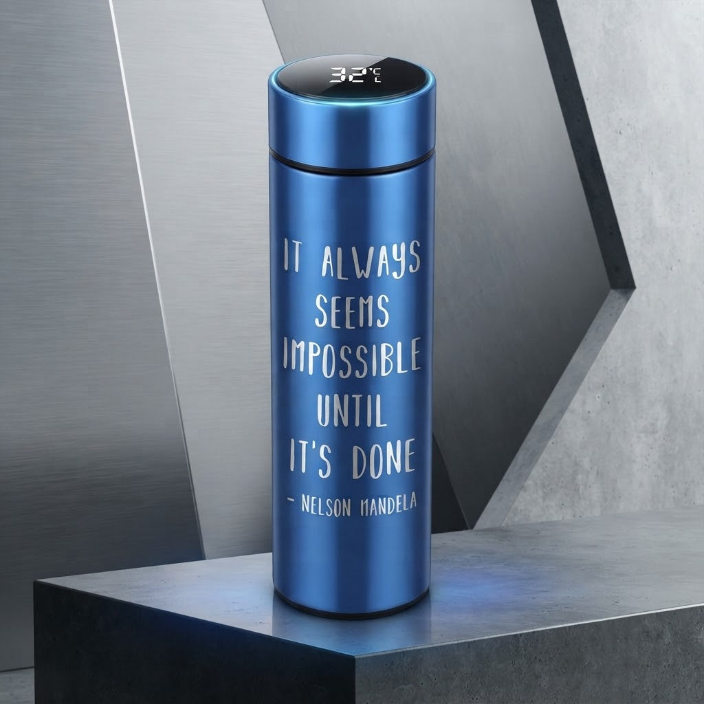 "It Always Seems Impossible Until It's Done" Nelson Mandela Quote Engraved Smart LED Vacuum Insulated Thermos Bottle