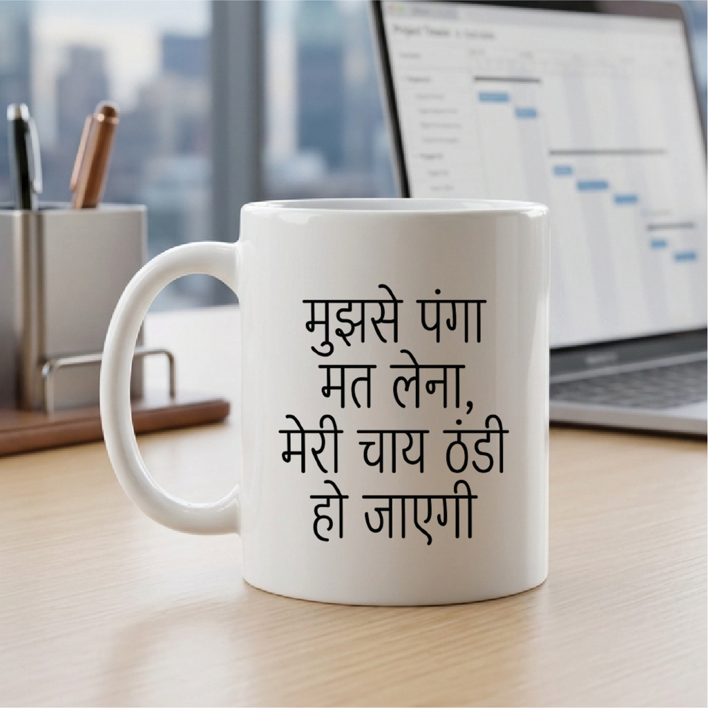 MG1105	"मुझसे पंगा मत लेना, मेरी चाय ठंडी हो जाएगी।" (Don't mess with me, my tea will get cold.) - Quote Printed Premium Coffee Mugs & Cups (5 Options)