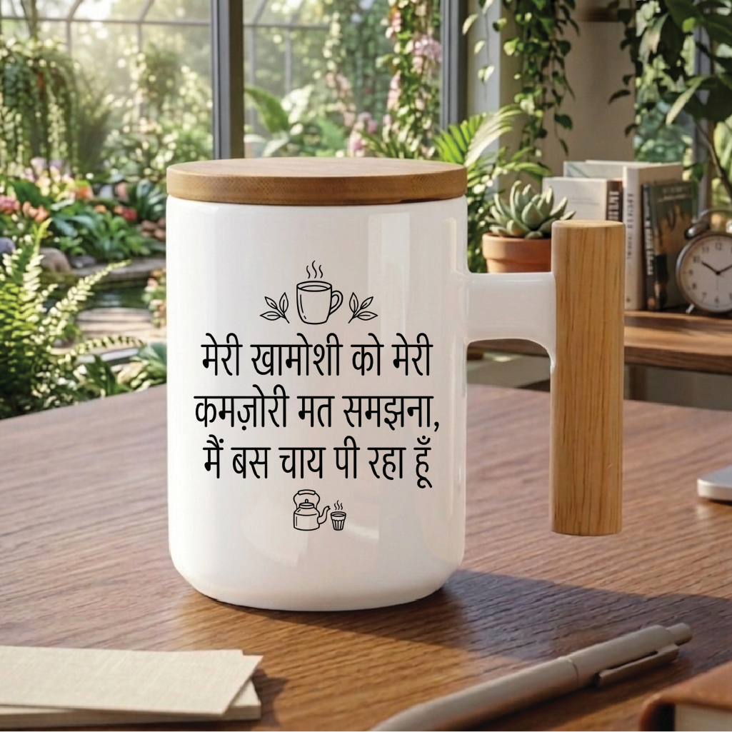 MG1107	"मेरी खामोशी को मेरी कमज़ोरी मत समझना, मैं बस चाय पी रहा हूँ।" (Don't mistake my silence for weakness, I'm just drinking tea.) - Quote Printed Premium Coffee Mugs & Cups (5 Options)