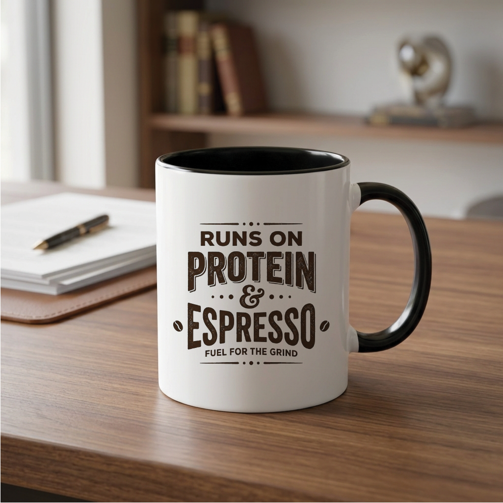 Runs on Protein & Espresso Quote Printed Premium Coffee Mugs & Cups (5 Options)