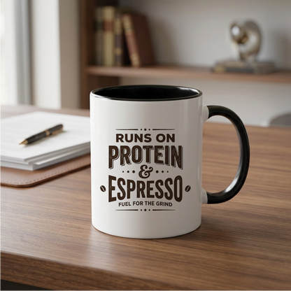 Runs on Protein & Espresso Quote Printed Premium Coffee Mugs & Cups (5 Options)