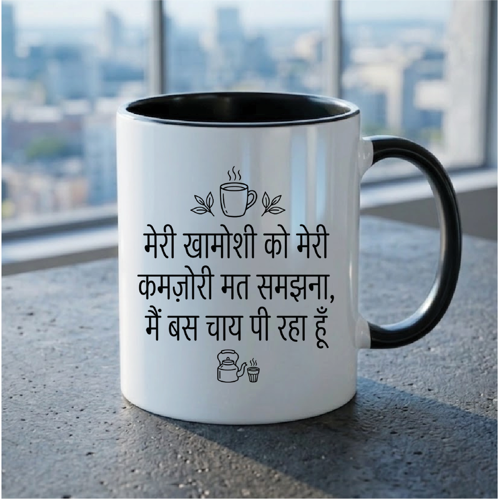 MG1107	"मेरी खामोशी को मेरी कमज़ोरी मत समझना, मैं बस चाय पी रहा हूँ।" (Don't mistake my silence for weakness, I'm just drinking tea.) - Quote Printed Premium Coffee Mugs & Cups (5 Options)