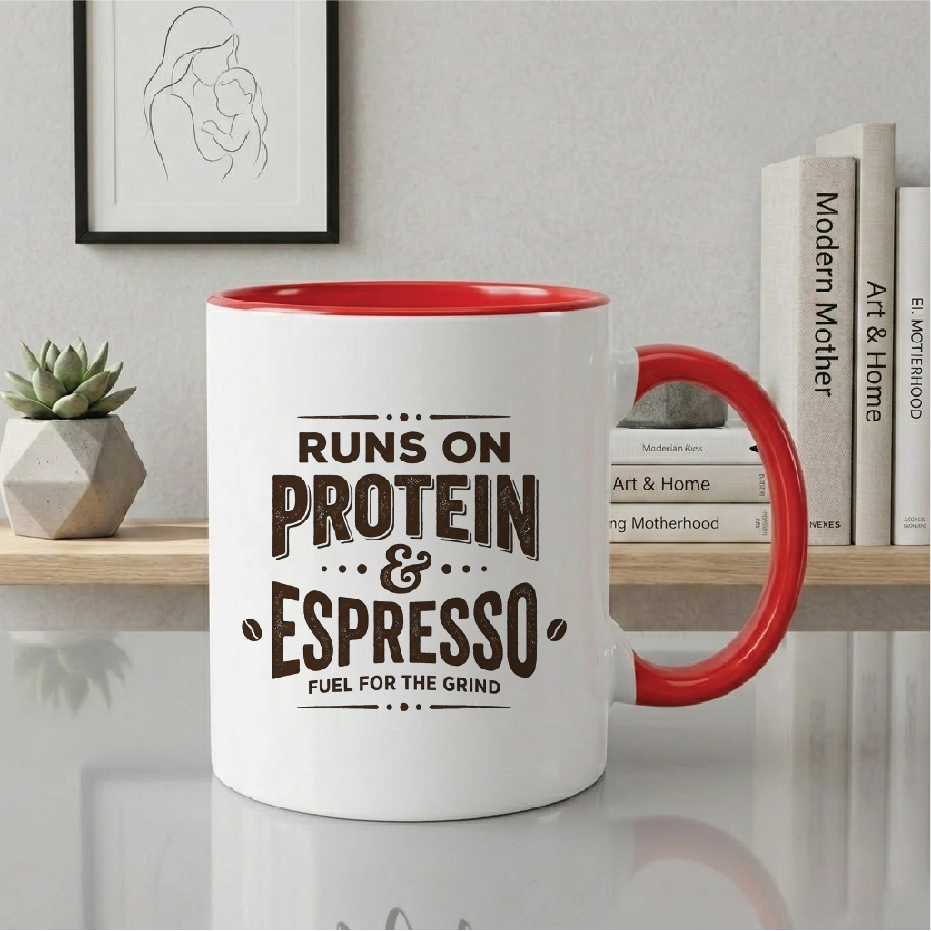 Runs on Protein & Espresso Quote Printed Premium Coffee Mugs & Cups (5 Options)