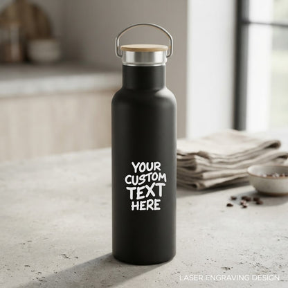 Personalized Premium Stainless Steel Flask with Bamboo Lid - 600ml (Black)