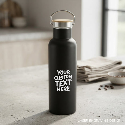 Personalized Premium Stainless Steel Flask with Bamboo Lid - 600ml (Black)