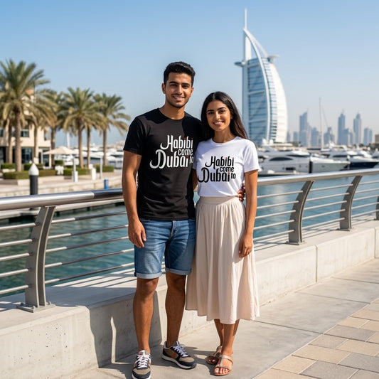 FMstyles - Unisex 100% Cotton White Round Neck Unisex T-Shirt – "Habibi Come To Dubai" Graphic Tee