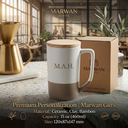 Personalized Two-toned Ceramic Mugs with Clay Bottom, Bamboo Lid - 15 oz. (460ml)