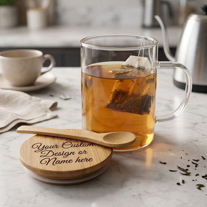 Personalized Clear Glass Mug with Bamboo Lid and Spoon - 400 ml