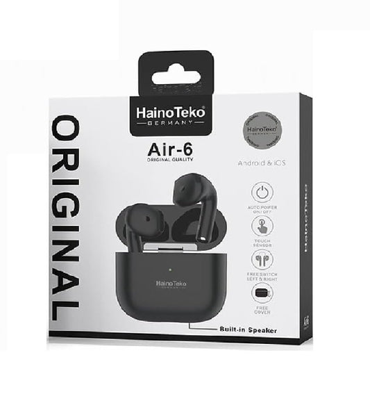 HainoTekoGermany AIR6 True Wireless Stereo Earbuds with Multi Functional Touch Control HD Clear Microphone High Bass Sound Quality and Charging Case for Android mobiles, Tablets and iphones (Black)