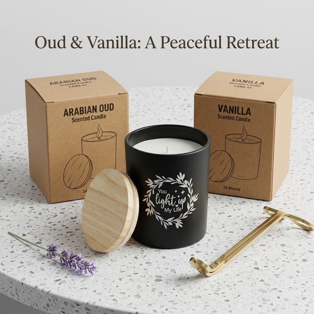 Personalized Scented Candles Arabian-Oud & Vanilla Fragrance in Glass Bottle