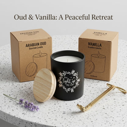 Personalized Scented Candles Arabian-Oud & Vanilla Fragrance in Glass Bottle