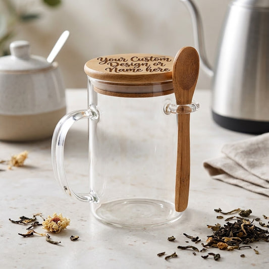 Personalized Clear Glass Mug with Bamboo Lid and Spoon - 400 ml