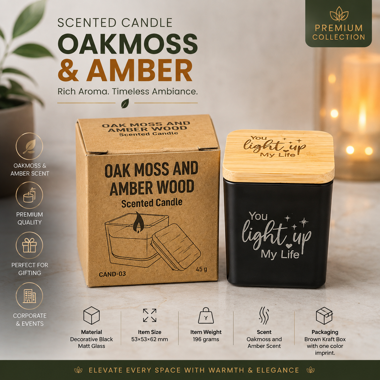 Personalized Scented Candle in Square Glass Bottle, Bamboo Lid, Oakmoss & Amber Scent