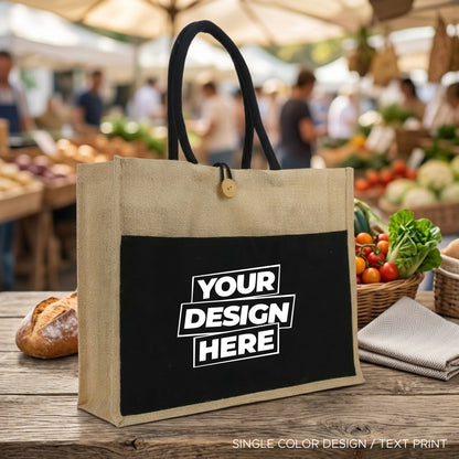 Personalized Jute Bag with Black Cotton Pocket and Handle (One color Print)