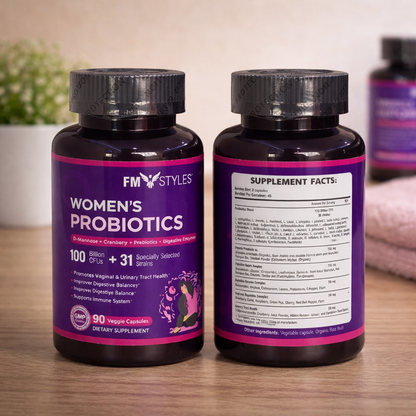 FMstyles Women’s Probiotics 100 Billion CFUs with D-Mannose, Cranberry, Prebiotics, Digestive Enzymes, 31 Strains, 90 Veggie Capsules, Vaginal and Urinary Health Support