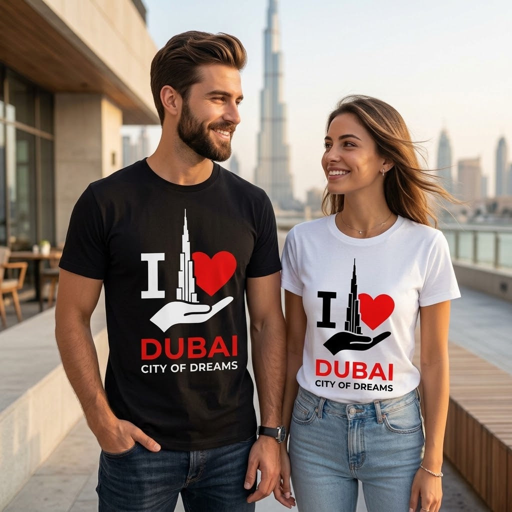 FMstyles - Round Neck T-Shirt – 100% Cotton "I Love Dubai: City of Dreams" Printed Unisex Graphic Tee
