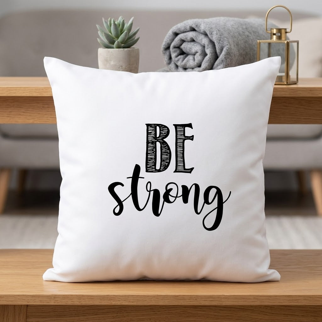 FMstyles Be Strong Printed Premium White Polyester Quote Cushion Cover (40 x 40 cm) – Decorative Throw Pillow